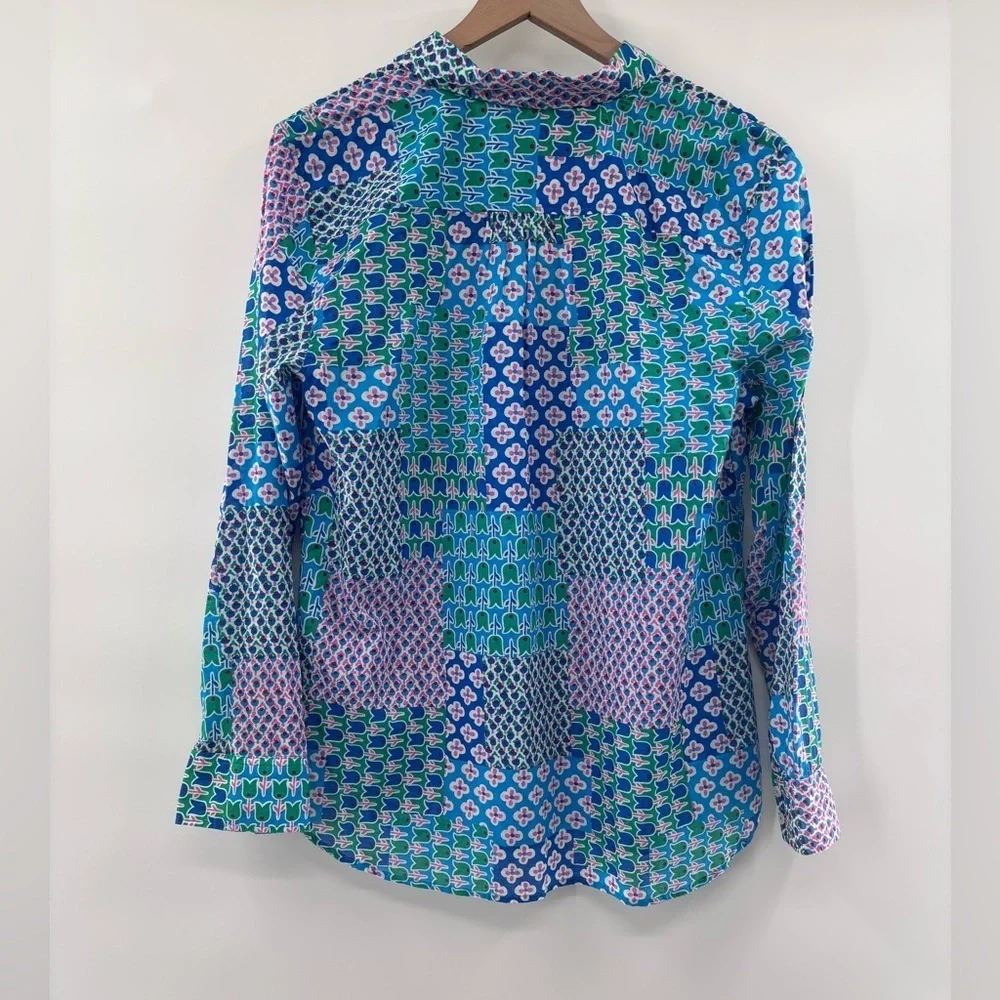 Talbots Blue and Green Patchwork Patterned Button Down Shirt Size Large